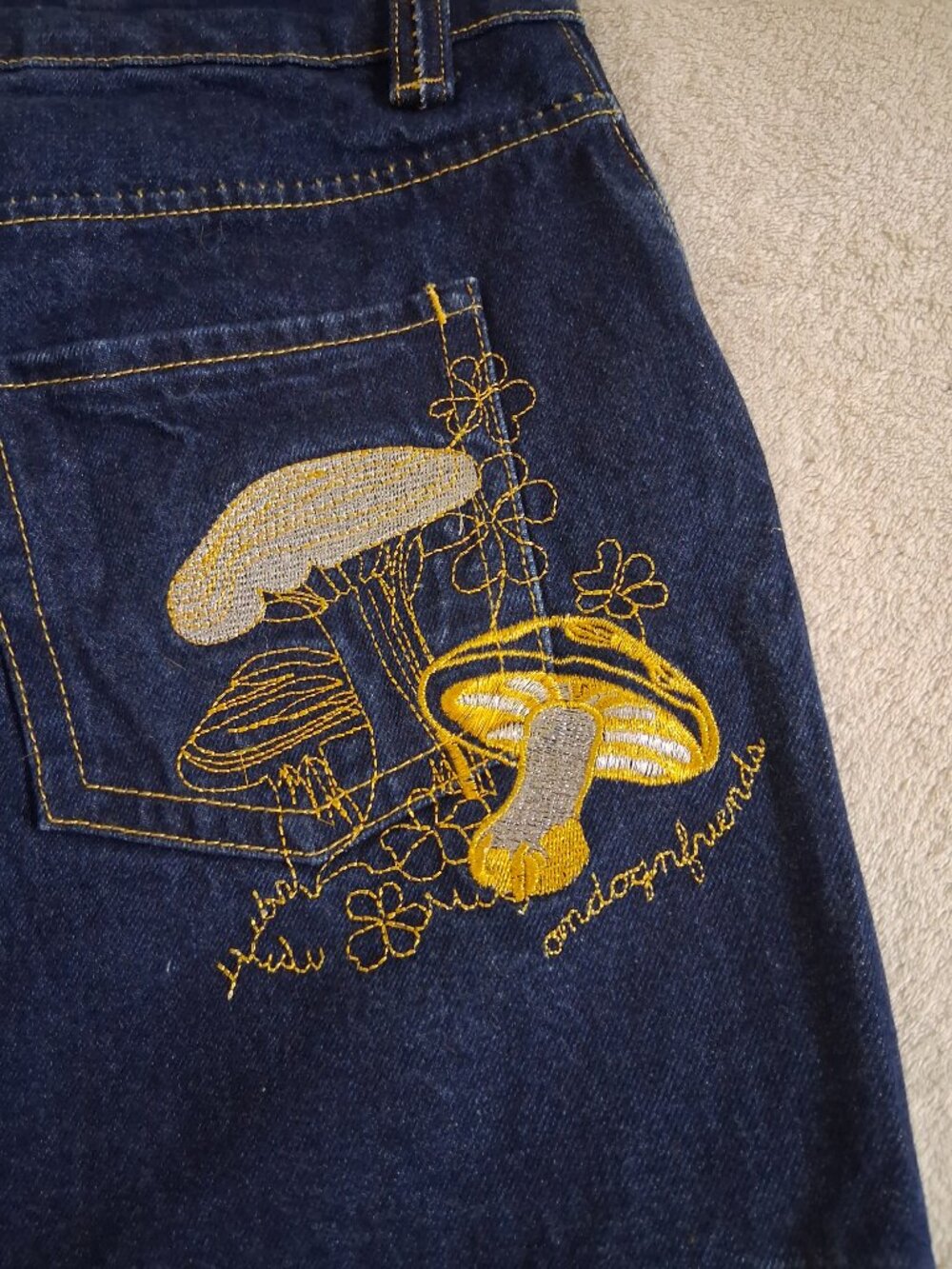 On Dog N' Friends (ODF) Women's M Embroidered Mushroom Dark Denim Mini Skirt - Picture 9 of 12